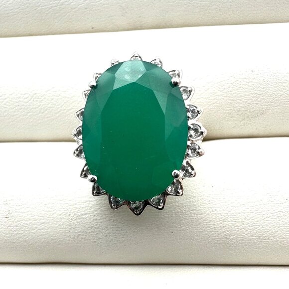 Oval Green Jade White Spinel Gemstone Statement Ring Sterling Silver Size 6 - Picture 4 of 6